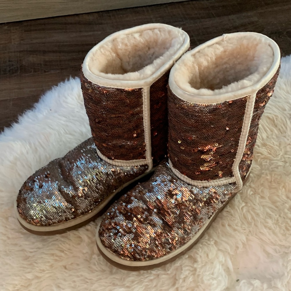 Brown and gold sequin uggs